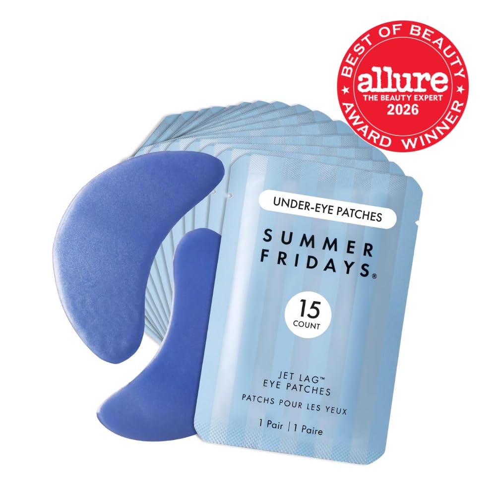 Summer Fridays Jet Lag Hydrating Eye Patches - De-puffing Hydrogel Under Eye Masks with Hyaluronic Acid, Caffeine + Peptides - Soothing + Refreshing At-Home + Travel Skin Care (15 Pairs)