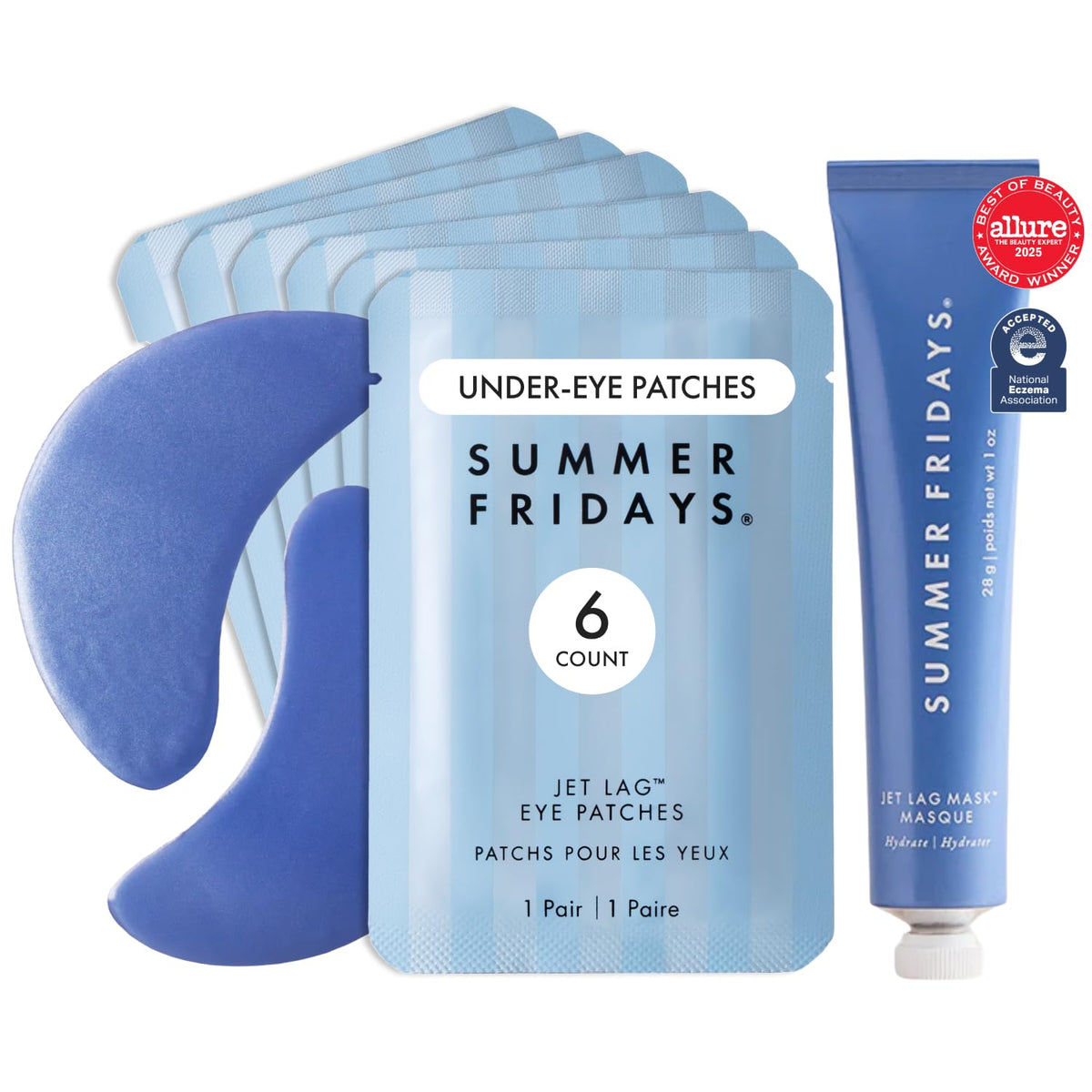 Summer Fridays Jet Lag Hydrating Eye Patches - De-puffing Hydrogel Under Eye Masks with Hyaluronic Acid, Caffeine + Peptides - Soothing + Refreshing At-Home + Travel Skin Care (15 Pairs)
