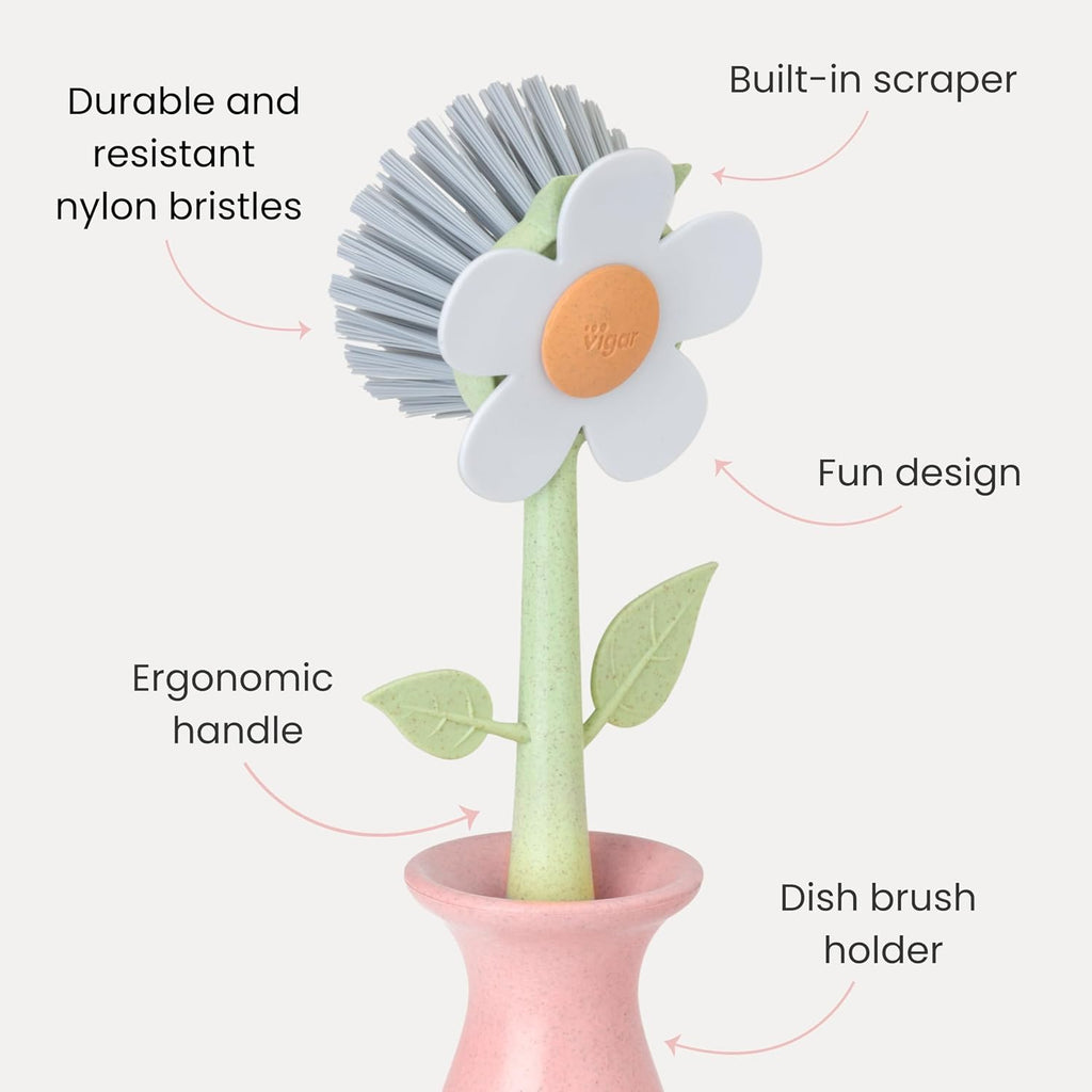 Vigar Florganic Dish Brush with Holder, Dish Scrubber, Pink