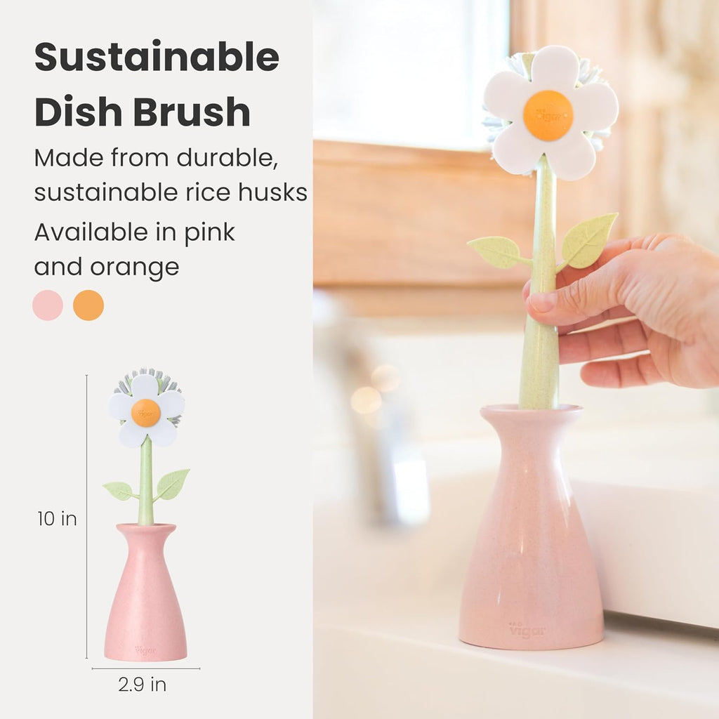 Vigar Florganic Dish Brush with Holder, Dish Scrubber, Pink