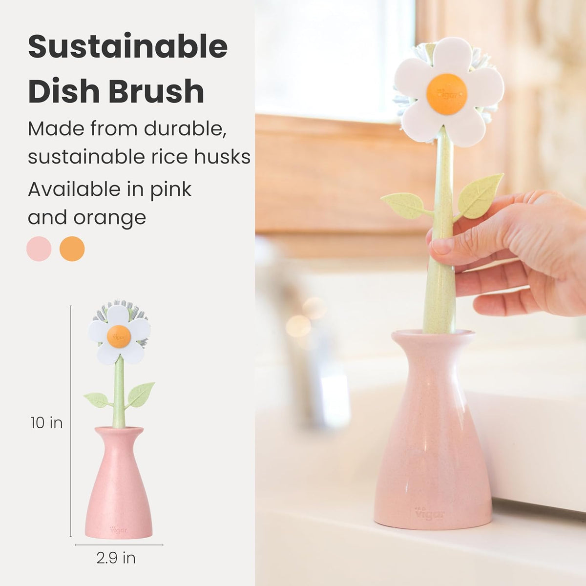 Vigar Florganic Dish Brush with Holder, Dish Scrubber, Pink
