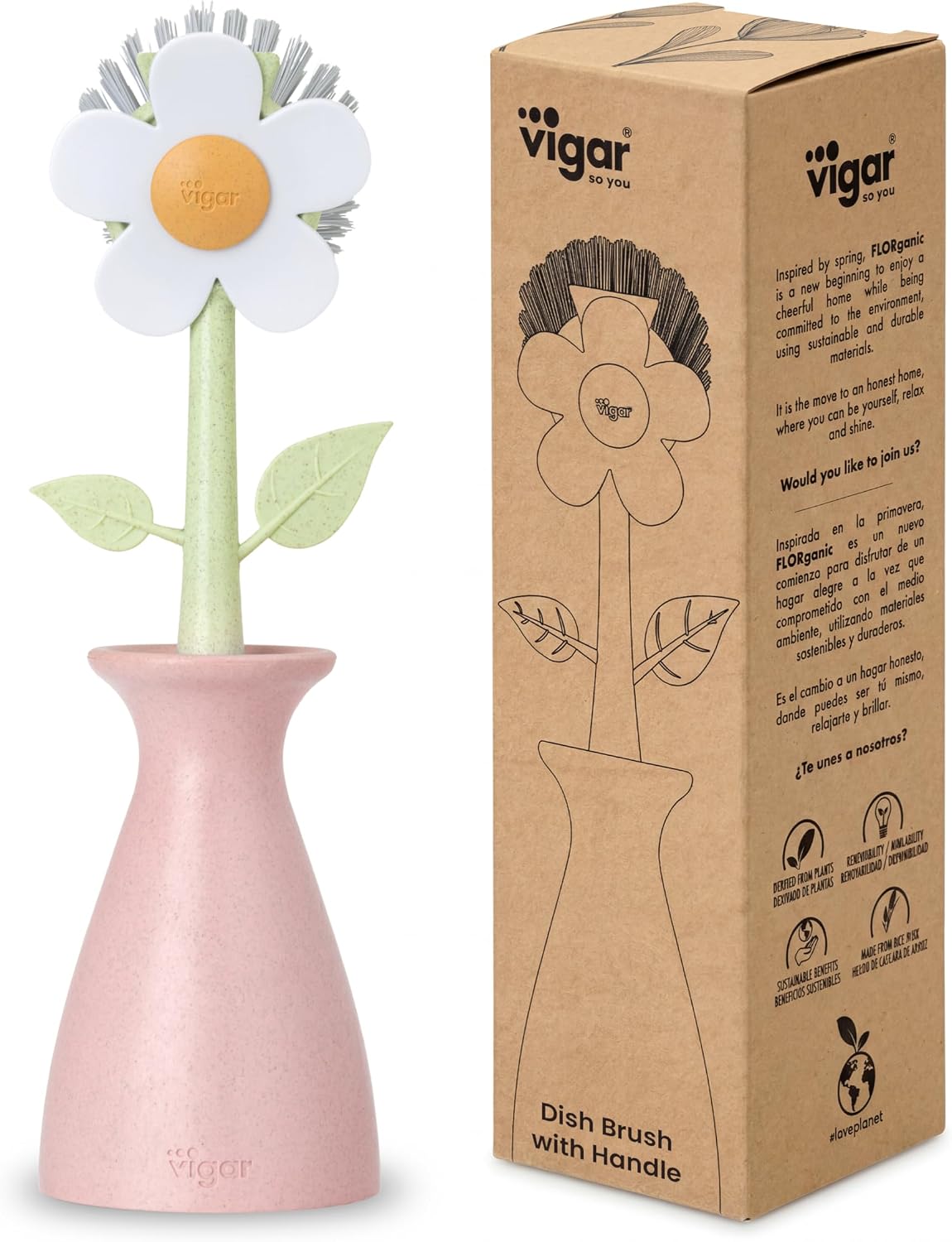 Vigar Florganic Dish Brush with Holder, Dish Scrubber, Pink
